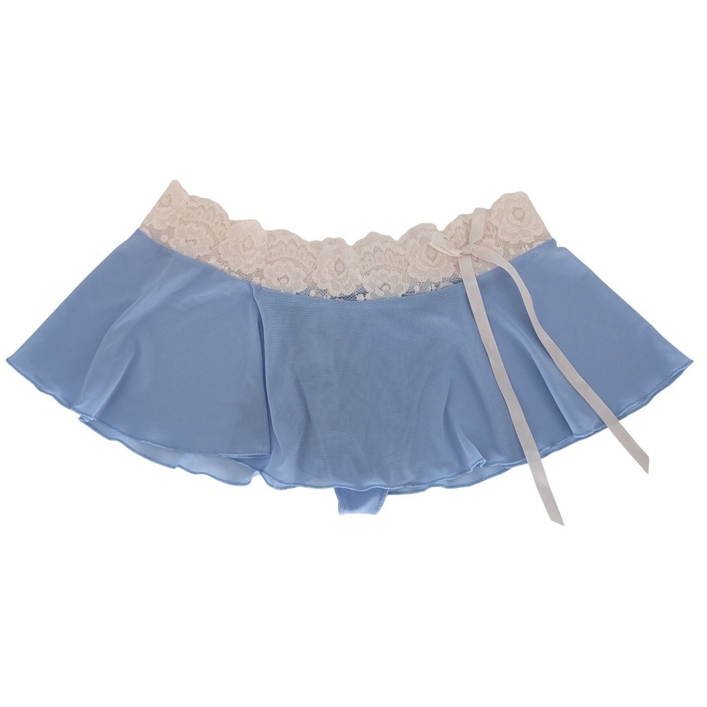 Y2K Sheer Mesh Micro Mini Skirt M Lingerie Blue Lace Trim Ruffle Indie Coquette